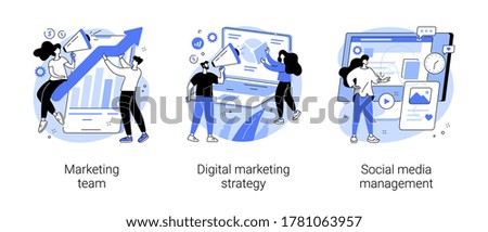 Digital marketing strategy abstract concept vector illustration set. Marketing team, social media management, SMM, brand insight, campaign strategy development, online channels abstract metaphor.