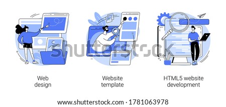 Website building service abstract concept vector illustration set. Web design, website template, HTML5 development, landing page, interface, user experience, constructor platform abstract metaphor.