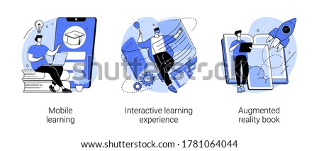 Interactive learning abstract concept vector illustration set. Mobile learning, augmented reality book, m-learning application, e-learning platform software, digital content abstract metaphor.