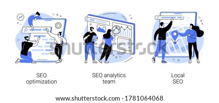 Website optimization abstract concept vector illustration set. SEO analytics team, local SEO, search engines page rank, keyword and link building, internet promotion, visibility abstract metaphor.