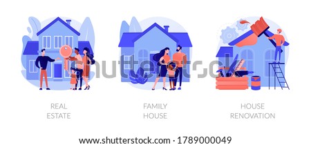 Private and commercial property market abstract concept vector illustration set. Real estate agency, family house, house renovation, home ownership, property value, mortgage loan abstract metaphor.