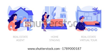 Real estate buying experience abstract concept vector illustration set. Real estate agent, home staging, real estate virtual tour, sale preparation, listing video walk-through abstract metaphor.
