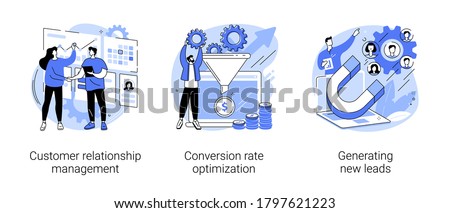 CRM lead management abstract concept vector illustration set. Customer relationship management, conversion rate optimization, generating new leads, sales data, marketing software abstract metaphor.