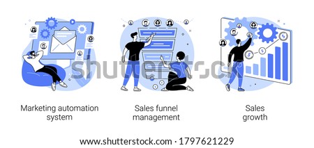 Marketing software abstract concept vector illustration set. Marketing automation system, sales funnel management, sales growth, crm system, lead conversion, client database abstract metaphor.