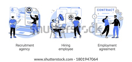 Head hunting abstract concept vector illustration set. Recruitment agency, hiring employee, employment agreement, job listing, resume, vacant job position, contract form, interview abstract metaphor.