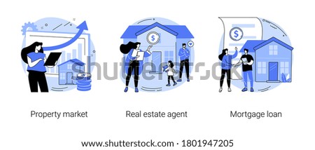 Buying property abstract concept vector illustration set. Property market, real estate agent, mortgage loan, new appartment, property investment, bank credit, down payment, pay off abstract metaphor.