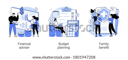 Money management abstract concept vector illustration set. Financial adviser, budget planning, family benefit, investment, financial plan, tax strategy, piggy bank, child payment abstract metaphor.