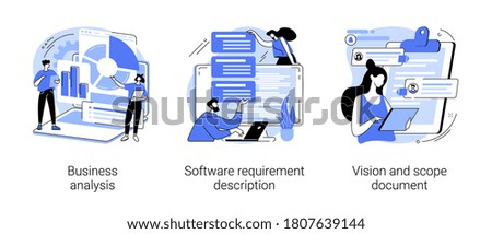 Project development specifications abstract concept vector illustration set. Business analysis, software requirement description, vision and scope document, SWOT analysis, user case abstract metaphor.