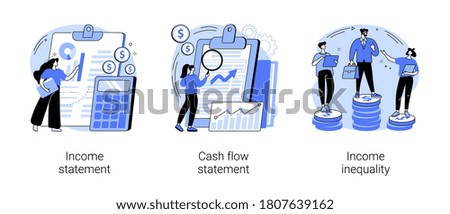 Balance sheet abstract concept vector illustration set. Income and cash flow statement, income inequality, financial plan and report, company debt, accountancy service, document abstract metaphor.