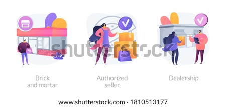 Retail business abstract concept vector illustration set. Brick and mortar, authorized seller, dealership, local rental shop, official retailer, brand representative, partnership abstract metaphor.