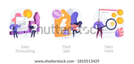 Revenue management abstract concept vector illustration set. Sales forcasting and index, flash sale, special offer, e-commerce shop promotion, profit analysis, retail income abstract metaphor.