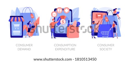Consumer society abstract concept vector illustration set. Consumer demand, consumption expenditure, customer decision, retail marketing, household budget, shopaholic, spending abstract metaphor.