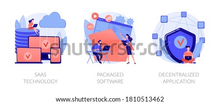 Application service abstract concept vector illustration set. SaaS technology, packaged software, decentralized application, cloud computing, software licensing, subscription abstract metaphor.