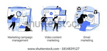 Campaign tracking and analysis abstract concept vector illustration set. Marketing campaign management, video content, email marketing, social media metrics, audience engagement abstract metaphor.