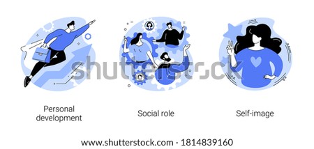 Human capital abstract concept vector illustration set. Personal development, social role, self-image, gender stereotypes, career growth, self improvement, coach, modern family abstract metaphor.