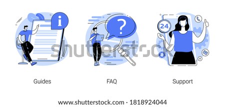 Website menu bar abstract concept vector illustration set. Guides, FAQ and support landing page sections. Company information, user interface, UI element, customer help, contact us abstract metaphor. Foto d'archivio © 