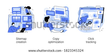 Website optimization abstract concept vector illustration set. Sitemap creation, copy optimization, click tracking, SEO analytics software, online business, target keyword, web text abstract metaphor.