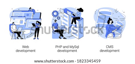 Website architecture abstract concept vector illustration set. Web development, PHP and MySql, CMS content management system, interface design, software testing, application coding abstract metaphor.