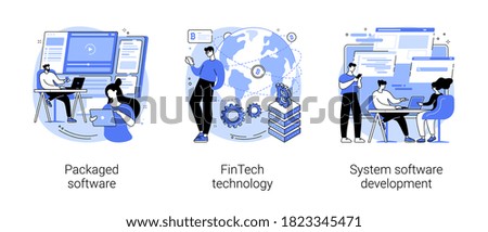 Business applications abstract concept vector illustration set. Packaged software, FinTech technology, system software development, payment processing, database system integration abstract metaphor.