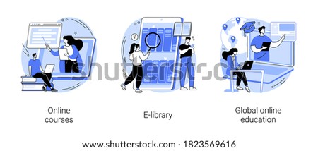 E-learning tools abstract concept vector illustration set. Online courses, E-library, global online education, certificate diploma, content store access, individual learning plan abstract metaphor.