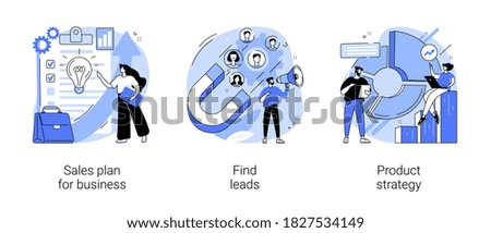 Marketing plan and business strategy abstract concept vector illustration set. Sales plan for business, find leads, product strategy, budget growth, brand awareness, target group abstract metaphor.