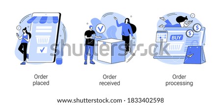 E-commerce shopping abstract concept vector illustration set. Order placed and received, order processing, online booking, customer service, warehouse software, virtual purchase abstract metaphor.