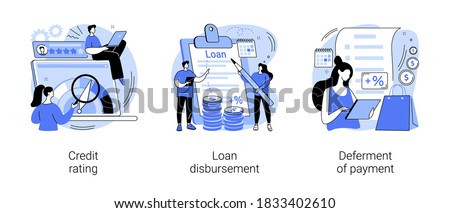 Bank service abstract concept vector illustration set. Credit rating, loan disbursement, deferment of payment, risk evaluation, student loan, payment terms, financial hardship abstract metaphor.
