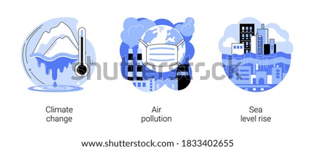 Greenhouse effect abstract concept vector illustration set. Climate change, air pollution, sea level rise, urban smog, global warming, melting ice, world ocean, factories pollution abstract metaphor.