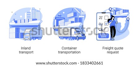 Logistics service provider abstract concept vector illustration set. Inland transport, container transportation, freight quote request, land port, ship loading, shipping proposal abstract metaphor. Сток-фото © 