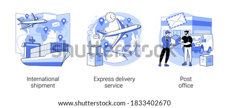 Package delivery abstract concept vector illustration set. International shipment, express delivery service, post office, parcel tracking, e-commerce online order, courier service abstract metaphor.