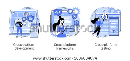 Cross-platform operating system abstract concept vector illustration set. Cross-platform development, software app framework, multi platform testing, code writing, user experience abstract metaphor.