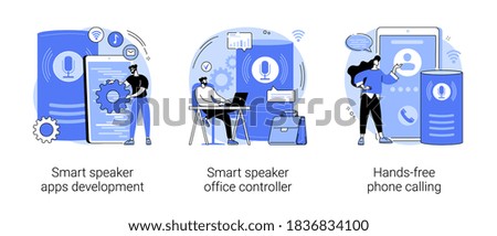 Voice assistant abstract concept vector illustration set. Smart speaker apps development, office controller, hands-free phone calling, internet of things, voice command software abstract metaphor.