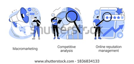 Global marketing strategy abstract concept vector illustration set. Macromarketing, competitive analysis, online reputation management, market analysis, digital image, social media abstract metaphor.