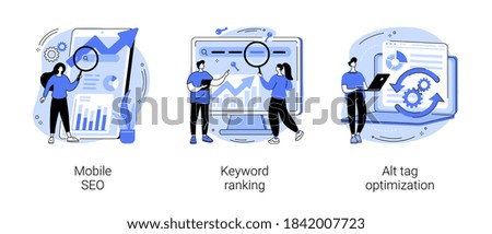 Search engine marketing abstract concept vector illustration set. Mobile SEO agency, keyword ranking, alt tag optimization, website ranking, search optimization, page navigation abstract metaphor.