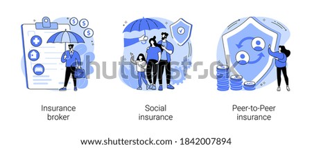 Risk insurance abstract concept vector illustration set. Insurance broker, social and peer-to-peer paid benefit, emergency risk, unemployment and income loss, pension trust fund abstract metaphor.