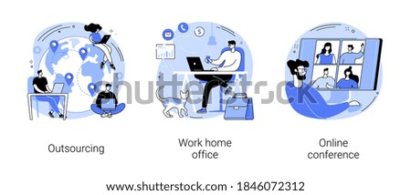 Distance working abstract concept vector illustration set. Outsourcing, work home office, online conference, freelance job, team digital meeting, IT business, internet platform abstract metaphor.