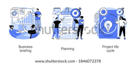 Project management abstract concept vector illustration set. Business briefing, planning project life cycle, task assignment, business case, financial data report, risk management abstract metaphor.