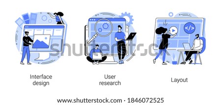 User interface development abstract concept vector illustration set. Interface design, user research, layout, landing page, responsive design, usability test, online survey, abstract metaphor.