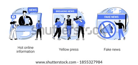 Headline content abstract concept vector illustration set. Hot online information, yellow press, fake news, breaking, paparazzi media, online magazine, celebrity scandal, rumors abstract metaphor.