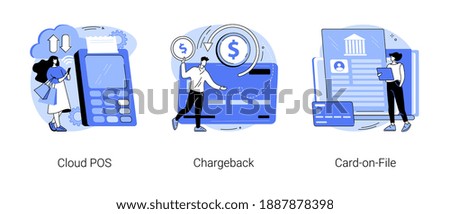 Retail software abstract concept vector illustration set. Cloud POS, chargeback, card-on-file, sale and transaction data storage, pay back, bank account, money transfer, purchase abstract metaphor.