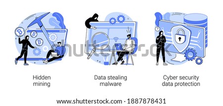 Cyber crime abstract concept vector illustration set. Hidden mining, data stealing malware, cyber security data protection, miner bot, script development, hacker attack, cyberattack abstract metaphor.