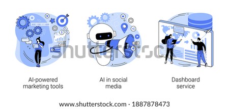 Artificial intelligence for business abstract concept vector illustration set. AI-powered marketing tool, AI in social media, dashboard service, machine learning, target advertising abstract metaphor.