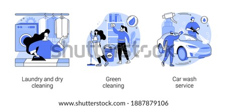 Cleaning services abstract concept vector illustration set. Laundry and dry cleaning, green washing chemical, car wash service, automatic vehicle vacuum, self-serve station abstract metaphor.