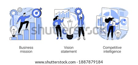 Strategic business planning abstract concept vector illustration set. Business mission, vision statement, competitive intelligence, goals and philosophy, brand success, loyalty abstract metaphor.