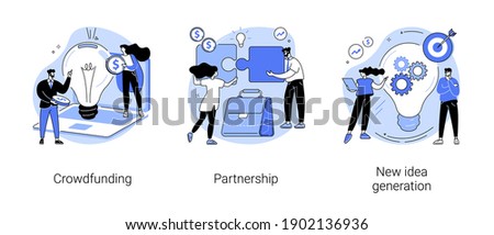 Cooperation and teamwork abstract concept vector illustration set. Crowdfunding and partnership, new idea generation, collect donations, business venture, entrepreneurship success abstract metaphor.