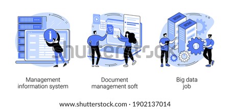 Information collection and analysis abstract concept vector illustration set. Management information system, document management soft, big data job, sharing online, visualization abstract metaphor.