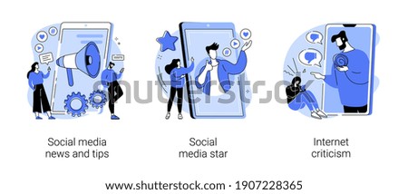 Digital content abstract concept vector illustration set. Social media news and tips, influencer, internet criticism, personal blog, hate speech, comments and share, fake profile abstract metaphor.