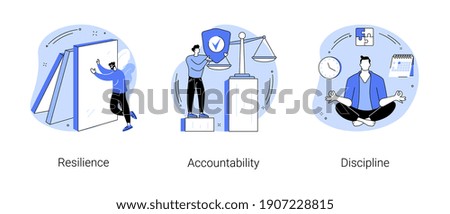 Personal quality abstract concept vector illustration set. Resilience, accountability and discipline, mental strength, psychological flexibility, decision making, leadership role abstract metaphor.