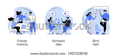 Hangouts abstract concept vector illustration set. Friends meeting, romantic blind date, leisure time, soul mate, romantic relationship, love story, Valentine day, restaurant abstract metaphor.