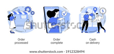 Purchase process abstract concept vector illustration set. Order processed, complete, cash on delivery, online store, e-commerce website, shipping details, delivery service abstract metaphor.